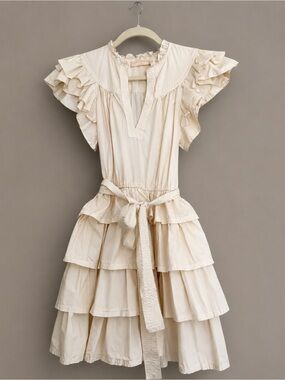 Ulla Johnson Lulua Dress Bone Ivory Cotton Ruffle Tiered Mini Dress Size 4